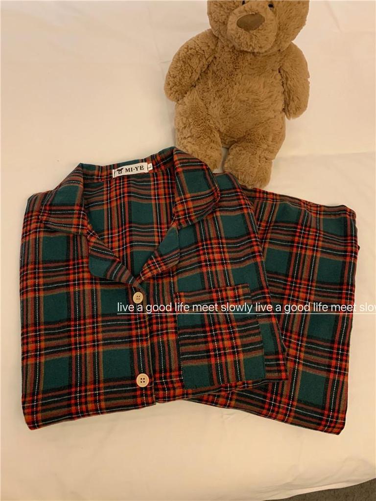 2024 Autumn Loose-Fit Couple Pajama Set - Long Sleeve Christmas Plaid Flannel Homewear