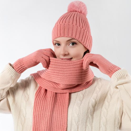 3Pcs/Set Women Winter Hat Scarf Gloves Set Solid Color Elastic Thickened Warm Brimless Hat Long Scarf Knitting Gloves Set