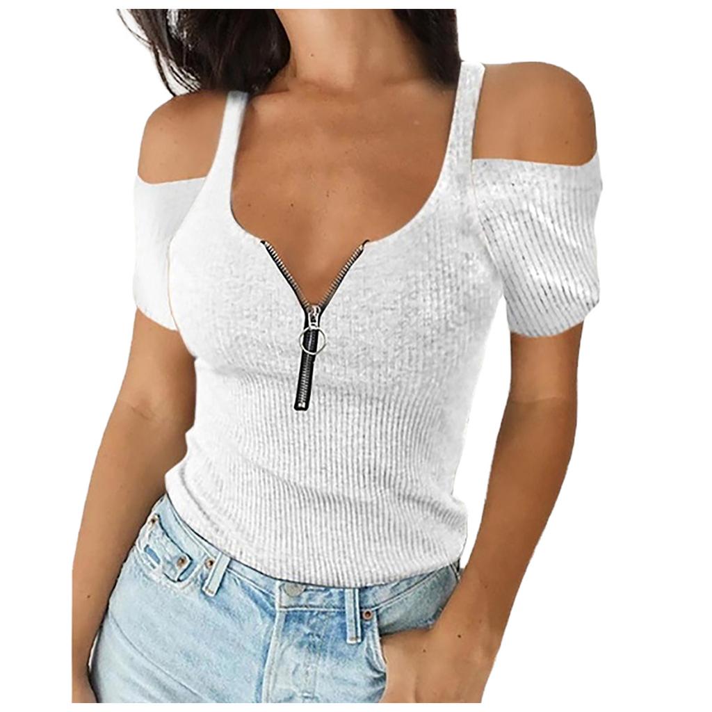 Women's V-Neck Solid Off Shoulder T-shirt Short Sleeves Blouse Plus Size Tops