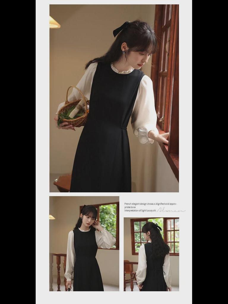 Длинное платье для похудения в корейском стиле с черно-белой строчкой - круглый вырез, длинный рукав, удобная повседневная одежда