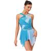 Womens Lyrical Dance Dress Rhinestone Color Block Mesh Design Ruched Twisted Knot Irregular Hem Leotard