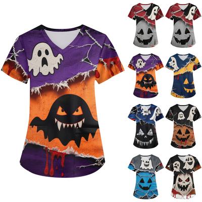 Женская рабочая униформа с принтом, V-образный вырез, карманы, базовый короткий рукав, пуловер, топ