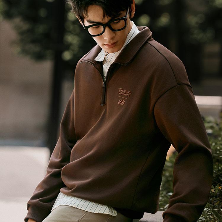 Skechers Sweatshirts Unisex Dark Caramel Brown-05U5 Lapel Moderate Other L325U022-05U5