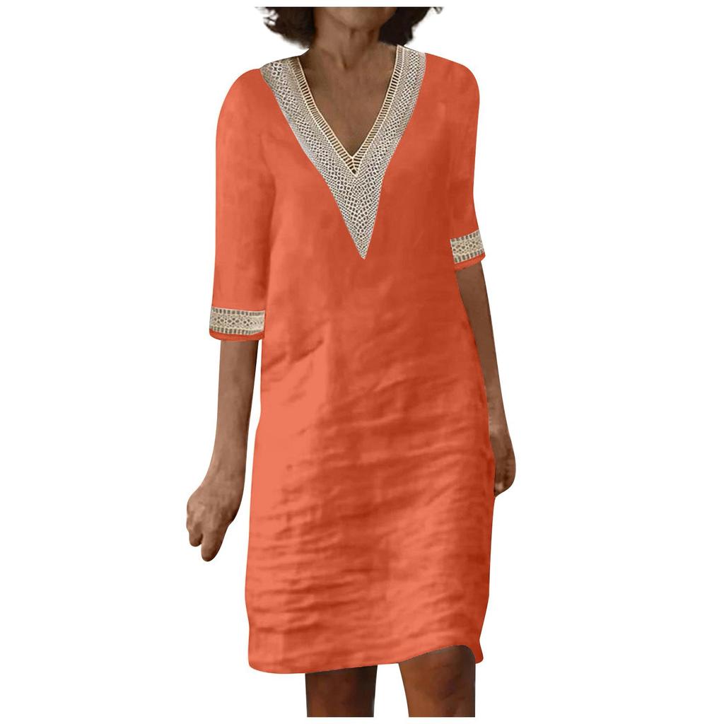 Ladies Lace Stitching V Neck Embroidered Exquisite Embroidered Lace Short Sleeve Cotton Linen Dress Summer Linen  Dress