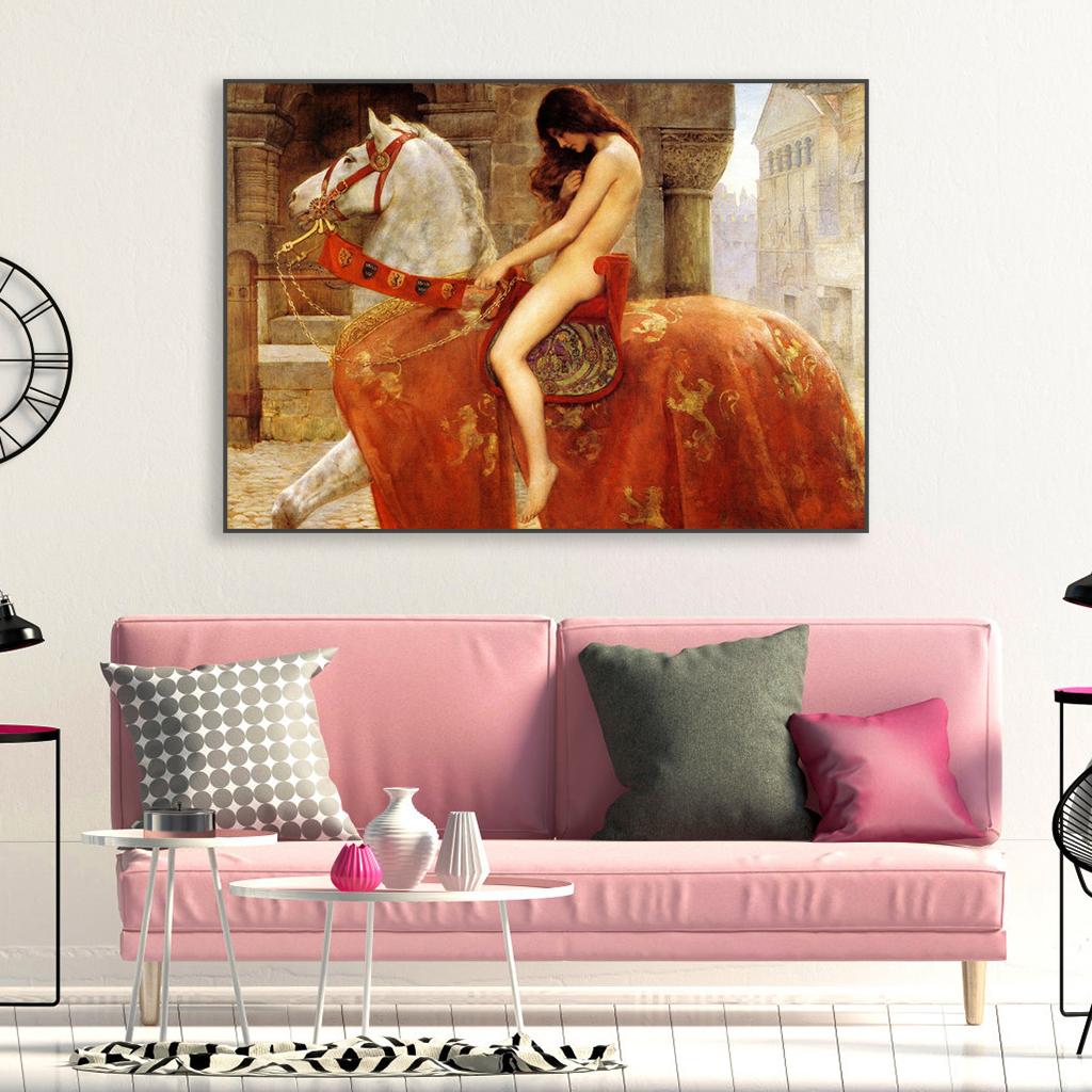 Леди Годива от Джона Коллиера, печать постеров, картина маслом, печать на холсте, сексуальная девушка, обнаженная на лошади, постер, винтажная картина на холсте
