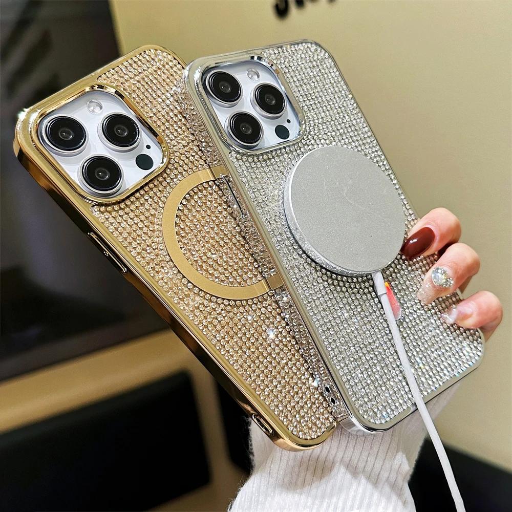 Магнитный чехол с лазерным блеском и стразами Magsafe для iPhone 15 11 12 13 14 Pro Max Plus, чехол для зарядки