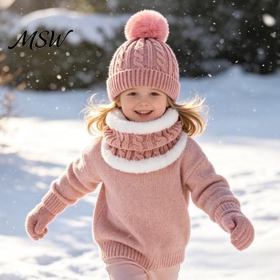 Thermal Fleece Lined Winter Accessories Kids Warm Knit Set, Bear Ear Hat, Neck Gaiter & Thickened Warmth Set for Autumn Full Finger Gloves, Thick Cold