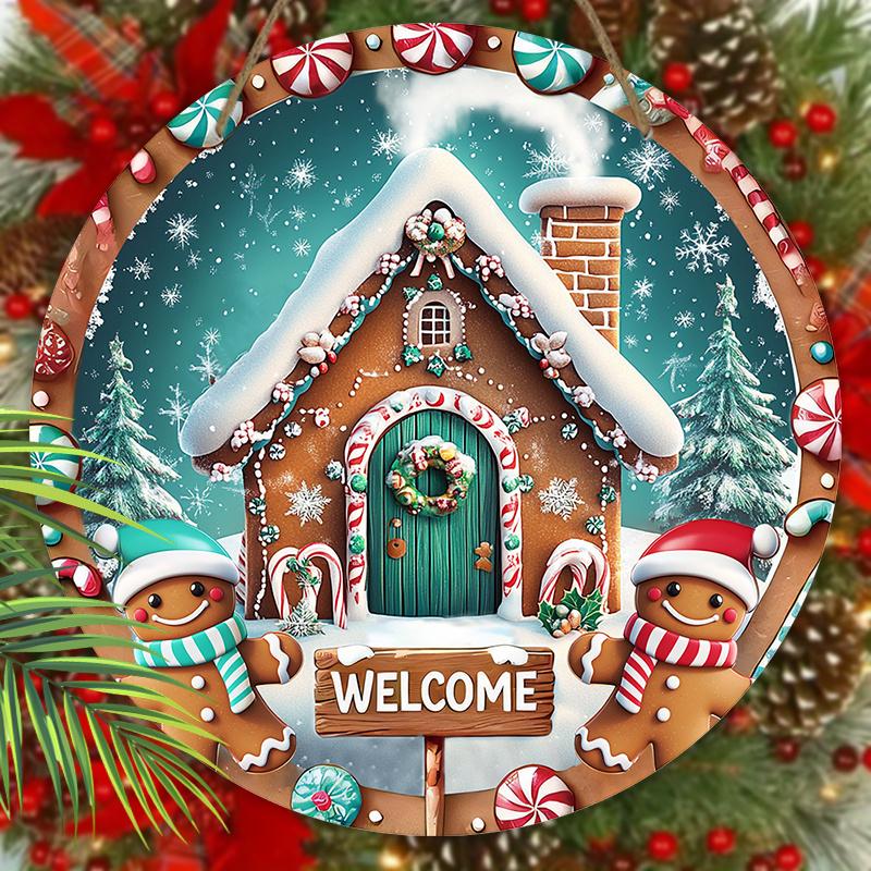 Wooden Christmas Sign with Snow House & Gingerbread Man Pattern - Navidad Welcome Sign for Front Door Wall Hanging Decor - Ideal Christmas Gift