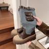Mid Calf Denim Boots Women  Autumn Retro Chunky Platform Long Boots Woman Slip On Thick Heels Cargo Boots Pocket Decor