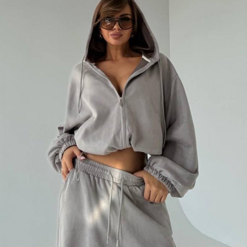 Womens Casual 2-Piece Set: Solid Color Long Sleeve Zip-Up Hooded Sweater Tie-Waist Wide Leg Pants