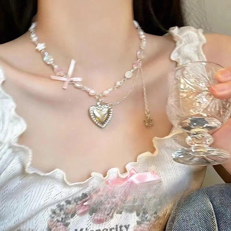 Модное ожерелье с розовым бантом и сердцем из бисера, подвеска в виде звезды, ожерелье, ювелирные аксессуары для дня рождения