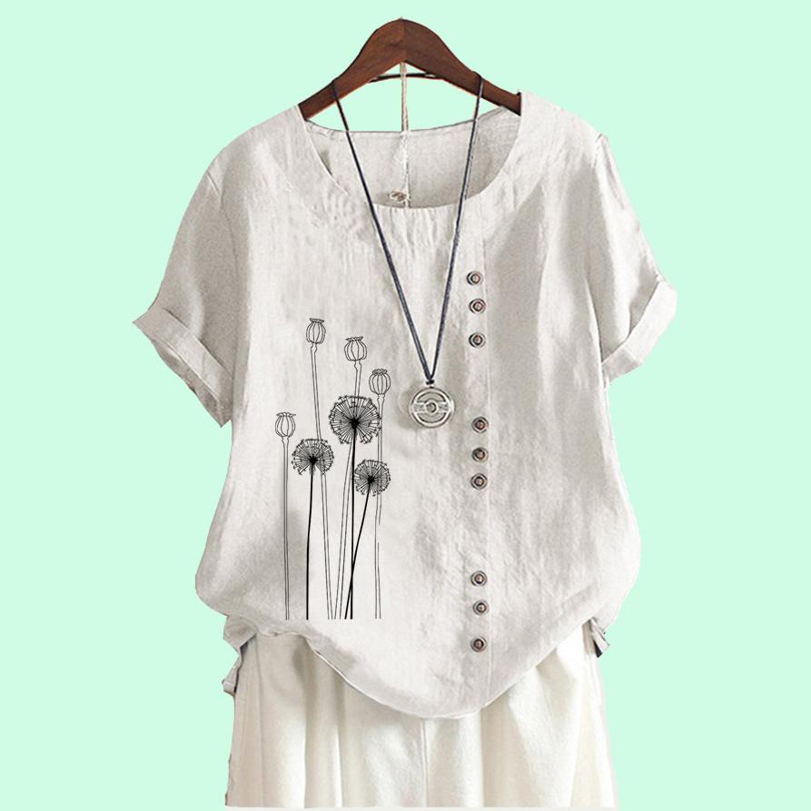 Женская мода хлопок льняная блузка лето и осень мода круглый вырез короткий рукав топ женская цветочный принт свободная футболка