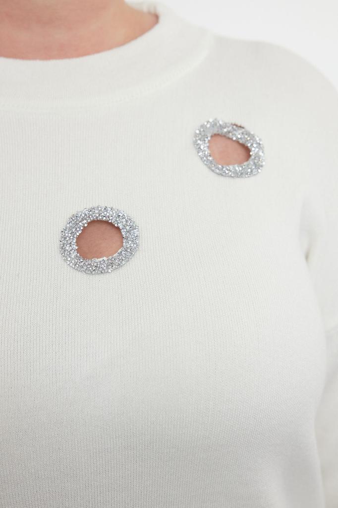 Women's Fashion Stylish Plus Size Sweater Black Stoned Cut Out Detailed Knitwear Sweater