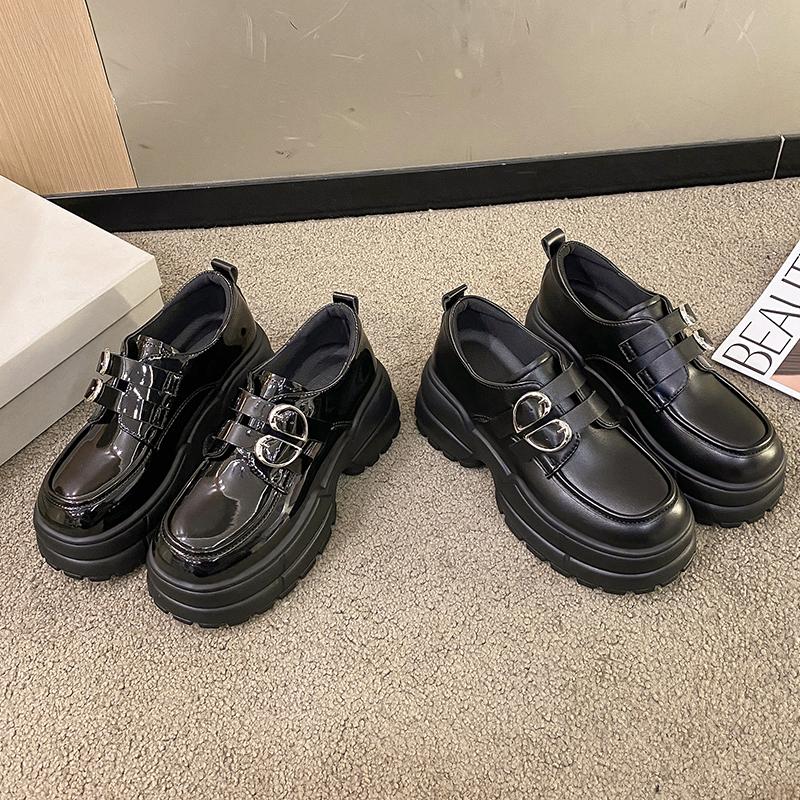 Туфли-лоферы женские на толстой подошве с круглым носком из искусственной кожи с британской металлической пряжкой простые однобортные туфли Мэри Джейн