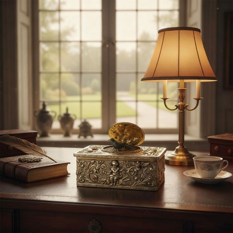 Antique Alloy Singing Bird Ornament With Angel Embossed Pattern Mechanical Musical Box For Desk Shelf Display Gift