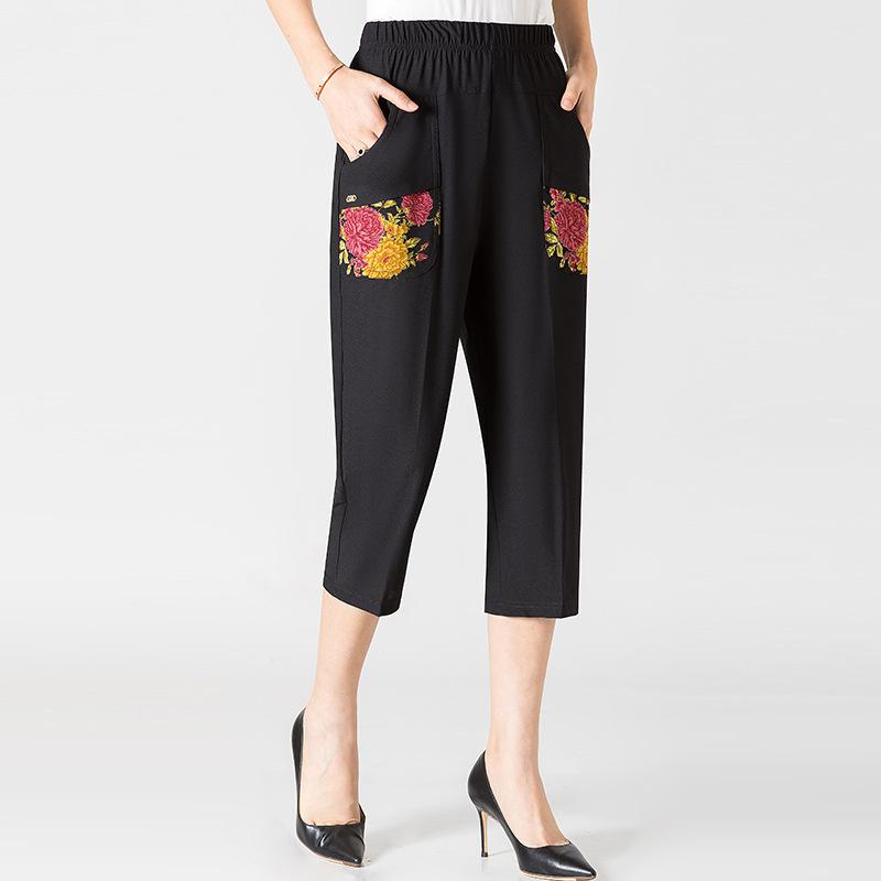 8XL очень большие женские летние брюки среднего возраста, повседневные брюки-карандаш с эластичной резинкой на талии, брюки длиной до икры, брюки с принтом