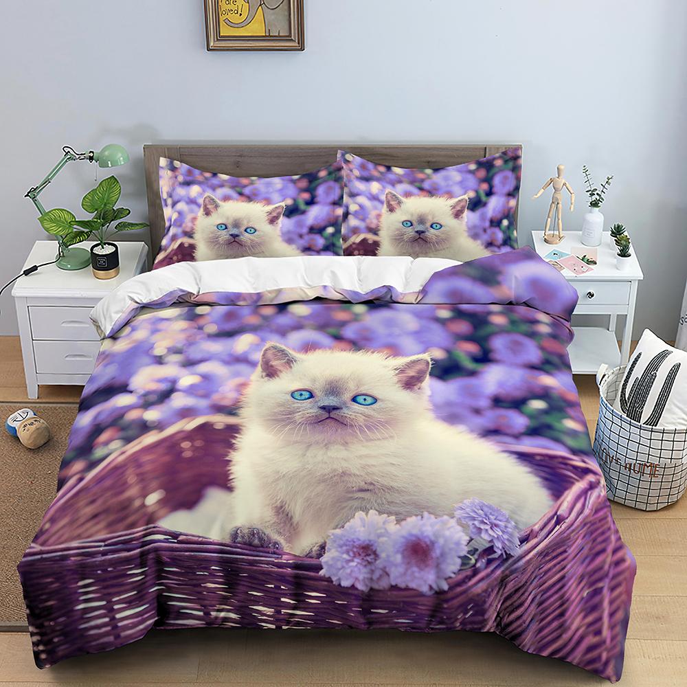 White Cat King Queen Duvet Cover Kawaii Pet Kitty Bedding Set For Kids Teens Adults Family Animal 2/3pcs Polyester Quilt Cover