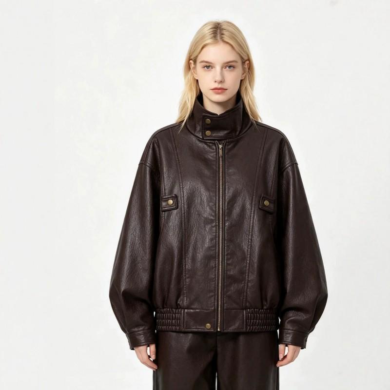Womens Loose Fit Faux Leather Moto Jacket Street Style Casual All-Match Outerwear
