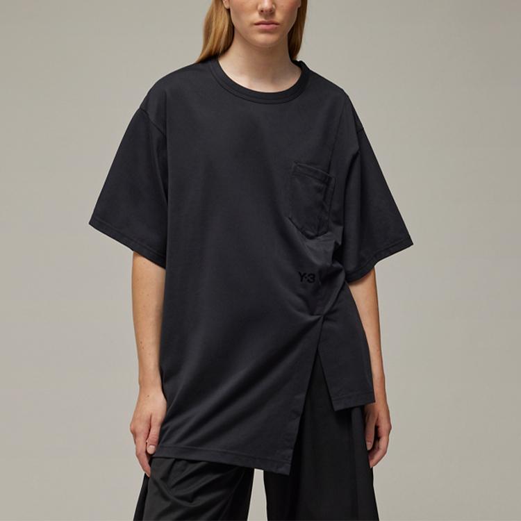 Y-3 Однотонная футболка унисекс с круглым вырезом и коротким рукавом, неровный подол, черный цвет IN4377