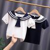 Хлопковая футболка для девочек в корейском стиле хай-энд с матросским воротником - Короткий рукав, Летняя мода для маленьких девочек, Размер 6