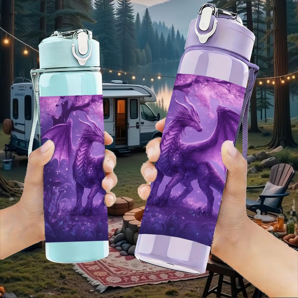 1PC Mystic Purple Dragon Art 750ml Color Plastic Sports Water Bottle Leakproof Flip Straw Lid Suitable for Sports Office Home Use
