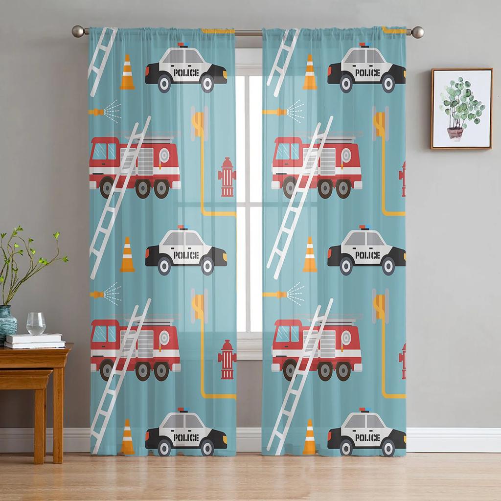Cartoon Fire Truck Gray Sheer Curtains for Bedroom Living Room Decoration Window Curtain for Kitchen Tulle Voile Organza Drapes