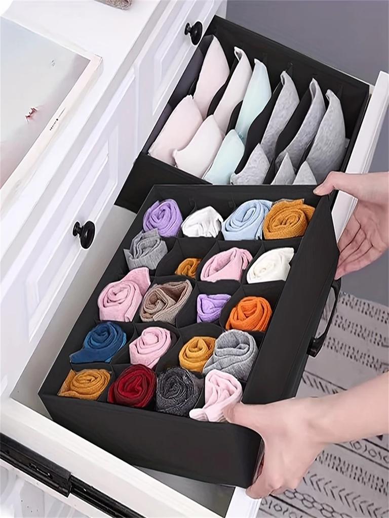 1 Piece Gray Fabric Storage Box with 24 Compartments - Foldable and Stackable Socks, Tie and Intimates Storage Box - Space-Saving Drawer Divider