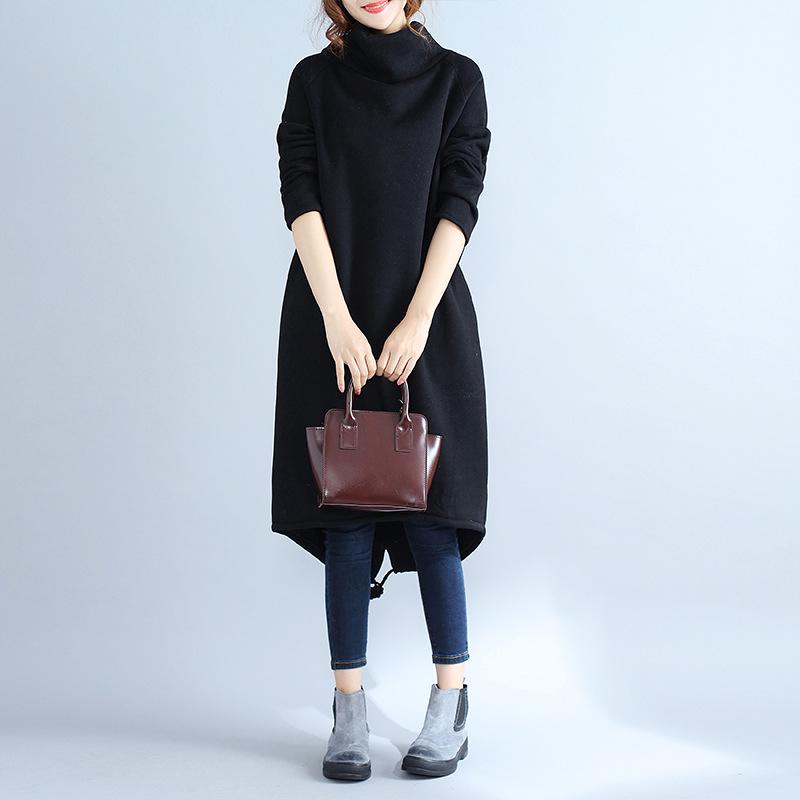 2017 Этнический стиль Большой размер Хлопково-льняное платье на флисовой подкладке с высоким воротником