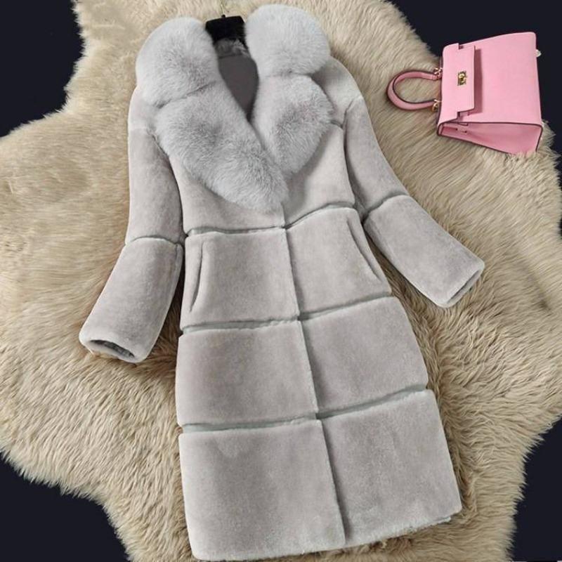 Sheep Shearing Autumn and Winter Women's New Imitation Fur Integrated Imitation Fox Fur Collar Wool Coat Coat Medium and Long
