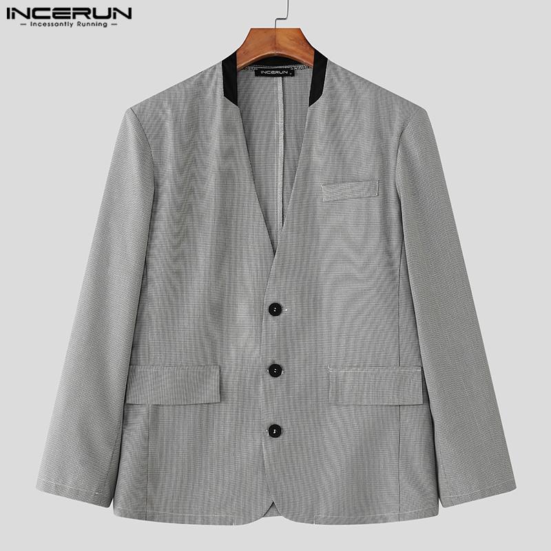 INCERUN Oversized Men V Neck Long Sleeve Plaid Print Casual Loose Thin Blazer Coats