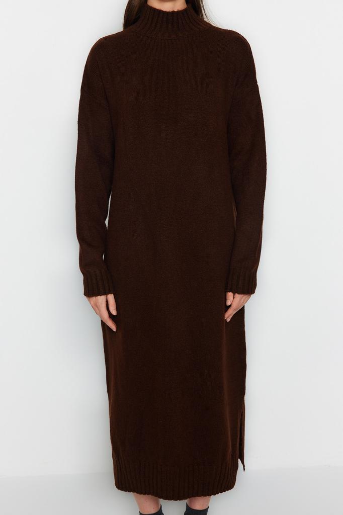 Женское платье, новый сезон, модное коричневое широкое трикотажное платье миди, мягкое текстурированное платье с высоким воротником