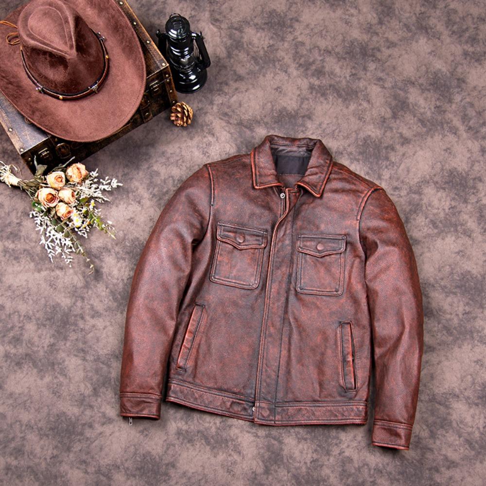 Chinese Size Vintage Genuine Leather Jacket Men Real Cowhide Suit Jacket Bomber Jacket