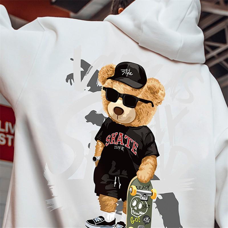 Skate Bear Anime Print Hoodies Unisex Oversize Streetwear Lightweight Corduroy Pullover Zip Up