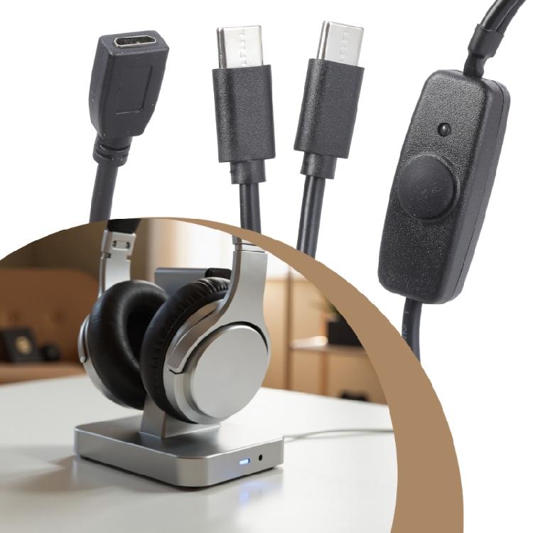 3A Charging Cord USB 5Pin to Type C Extension Cable 1 to 2 Built In Switching Button for Phones and Small Gadgets