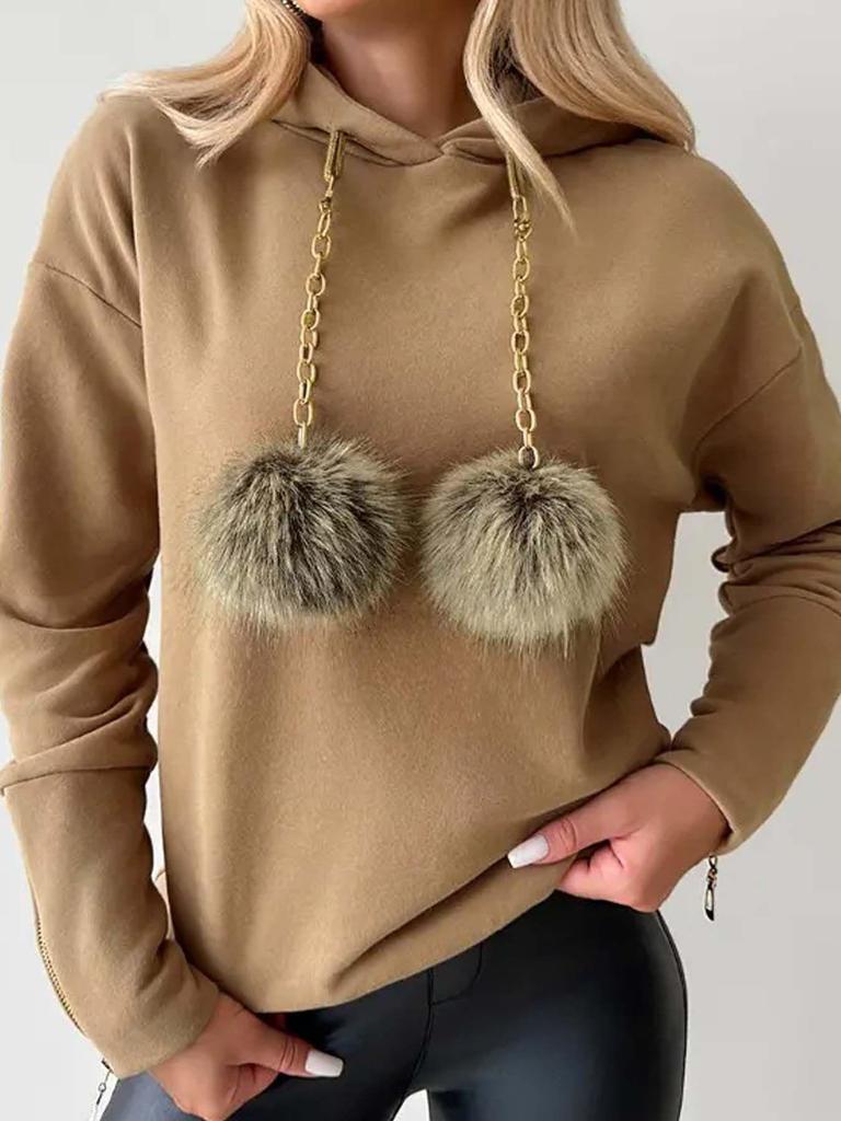 Повседневный свитшот с капюшоном 2025 года с меховым брелоком-помпоном для осени и зимы