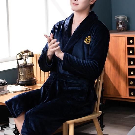 Мужской фланелевый халат с длинными рукавами, карманами, поясом, вышивкой и принтом, зимний, теплый, с лацканами, из двустороннего флиса, ночная рубашка, домашняя одежда