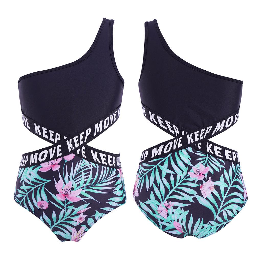 Clubwear Breathable Quickly Dry Swimsuit Asymmetric Single Shoulder Strap Hollow Out Waist Letters Printed Jumpsuit