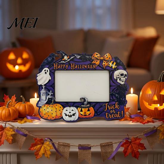 Double Sided Wooden Photo Holder Halloween Frame, Pumpkin Ghost Cat Cutout Picture Shape Ornament Holder, Double-sided Holiday Tabletop Decor for Home