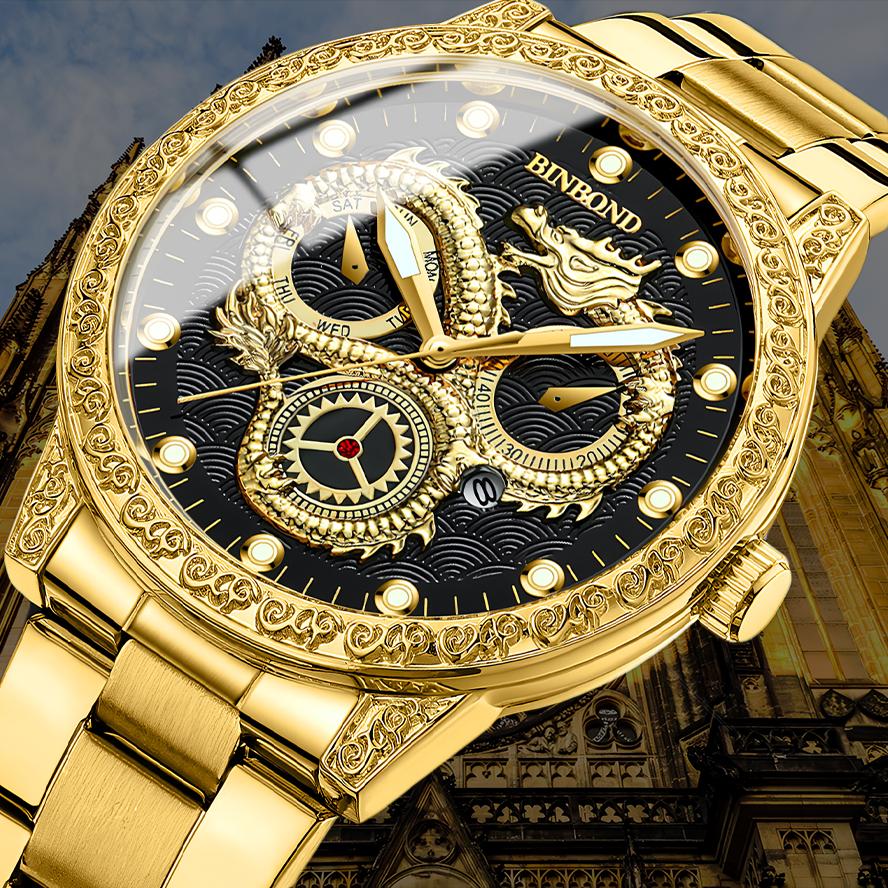 Мужские кварцевые часы Three Flame Dragon с рельефным золотым драконом, водонепроницаемые, светящиеся, с календарем, подарок на фестиваль