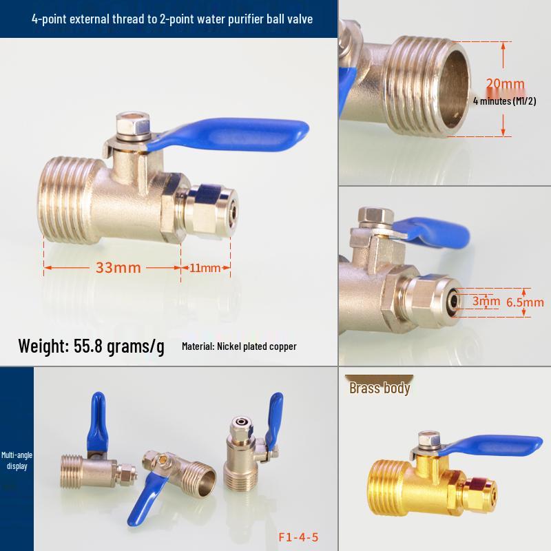 Household Water Purifier Tee Connector 4 to 2 Point Ball Valve for Filter and Dispenser