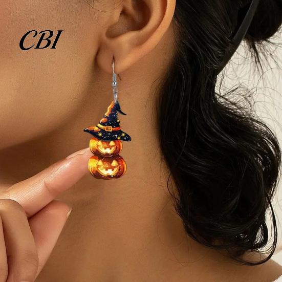 Cute Halloween Costume Jewelry 1 Pair Pumpkin Earrings for Women, 2 Stacking Lightweight Hypoallergenic Ear Hooks Drop Dangle with Witch Hat, Acrylic