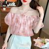 Милая рубашка с открытыми плечами, женские свободные топы, элегантная летняя блузка с короткими рукавами и цветочным принтом, женская новая повседневная одежда 27415