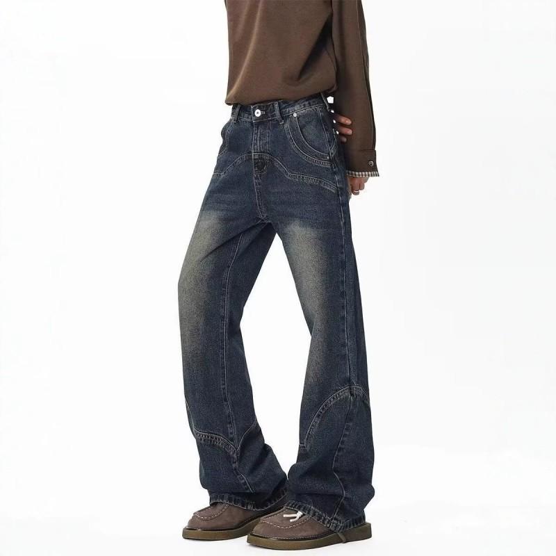 Mens Womens Streetwear Straight Leg Denim Pants With Patchwork Detail Mid-Rise Slim Fit Blue Jeans Daily Wear