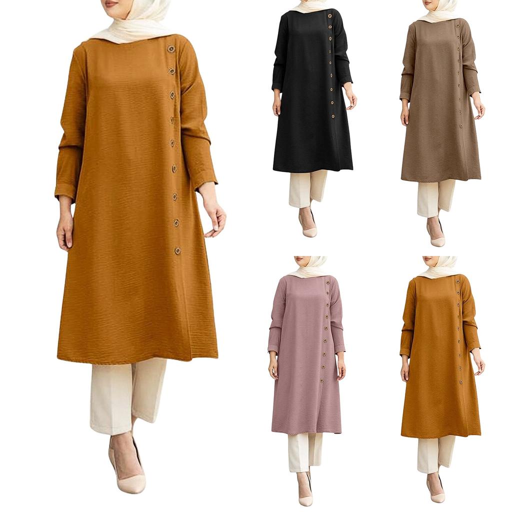 Muslim Loose Casual Long Sleeve Button Embellished Women's Long Sleeve Shirt Dresses
