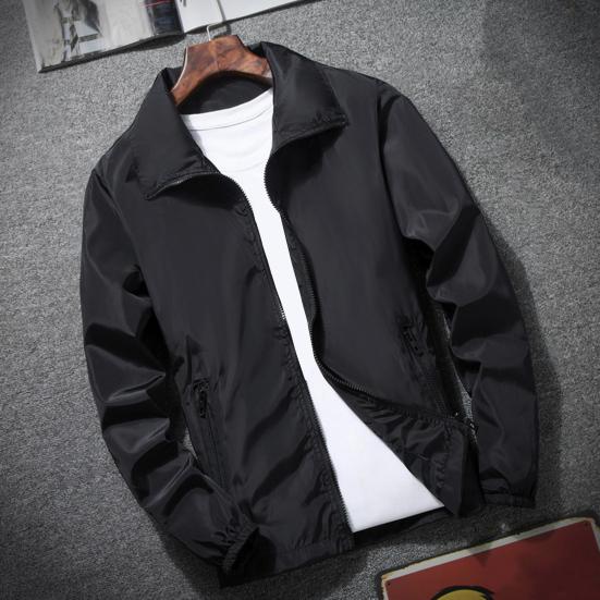 Мужская уличная ветровка с лацканами и длинным рукавом, однотонная куртка с карманами на молнии, весенне-осеннее пальто