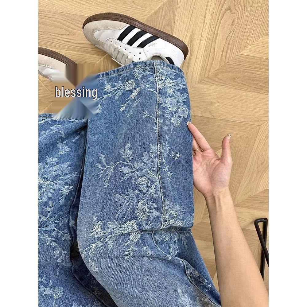 Женские осенние джинсы-кюлоты с жаккардовой вышивкой - Свободного кроя, Длина в пол для фигуры типа "груша"