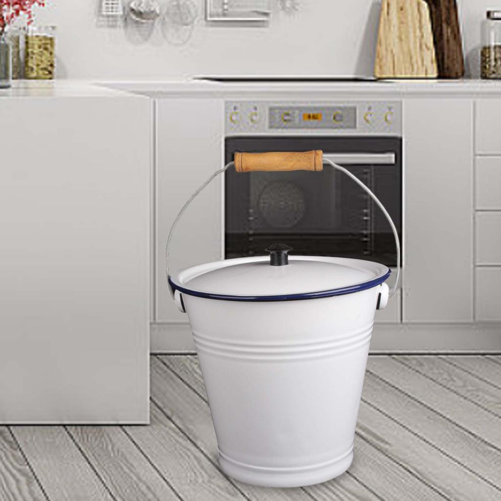 Enamel Bucket with Wood Handle Multiuse with Lid Pails for Garden Party Favors Water Oil Rice Outdoor Activities Organizing