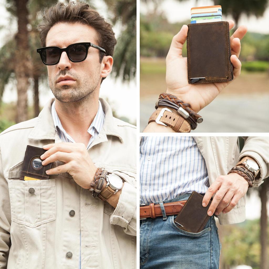 CONTACT'S Genuine Leather Card Holder for Men Aluminum Alloy Wallets with Airtag Slot RFID Blocking Anti-theft Card Wallet Magic Wallet
