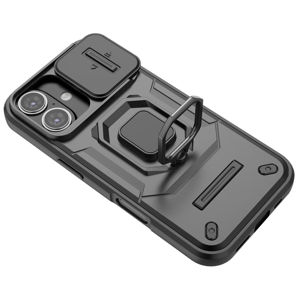 For iPhone 16 Case Ring Kickstand PC+TPU Phone Cover with Lens Shield
