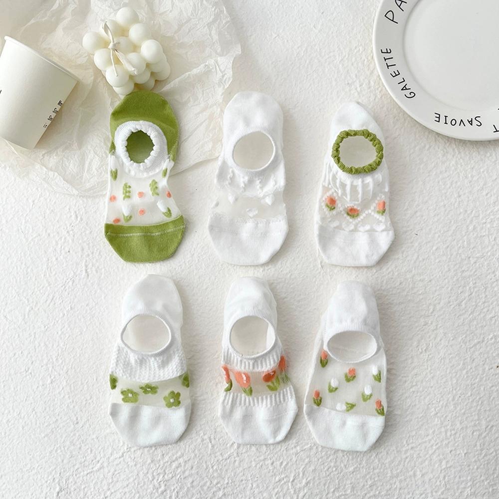 6 Pairs Women's Floral Mesh No-Show Socks Y2K Kawaii Lace Trim Breathable Ankle Socks With Harajuku Style Green Cute Boat Socks